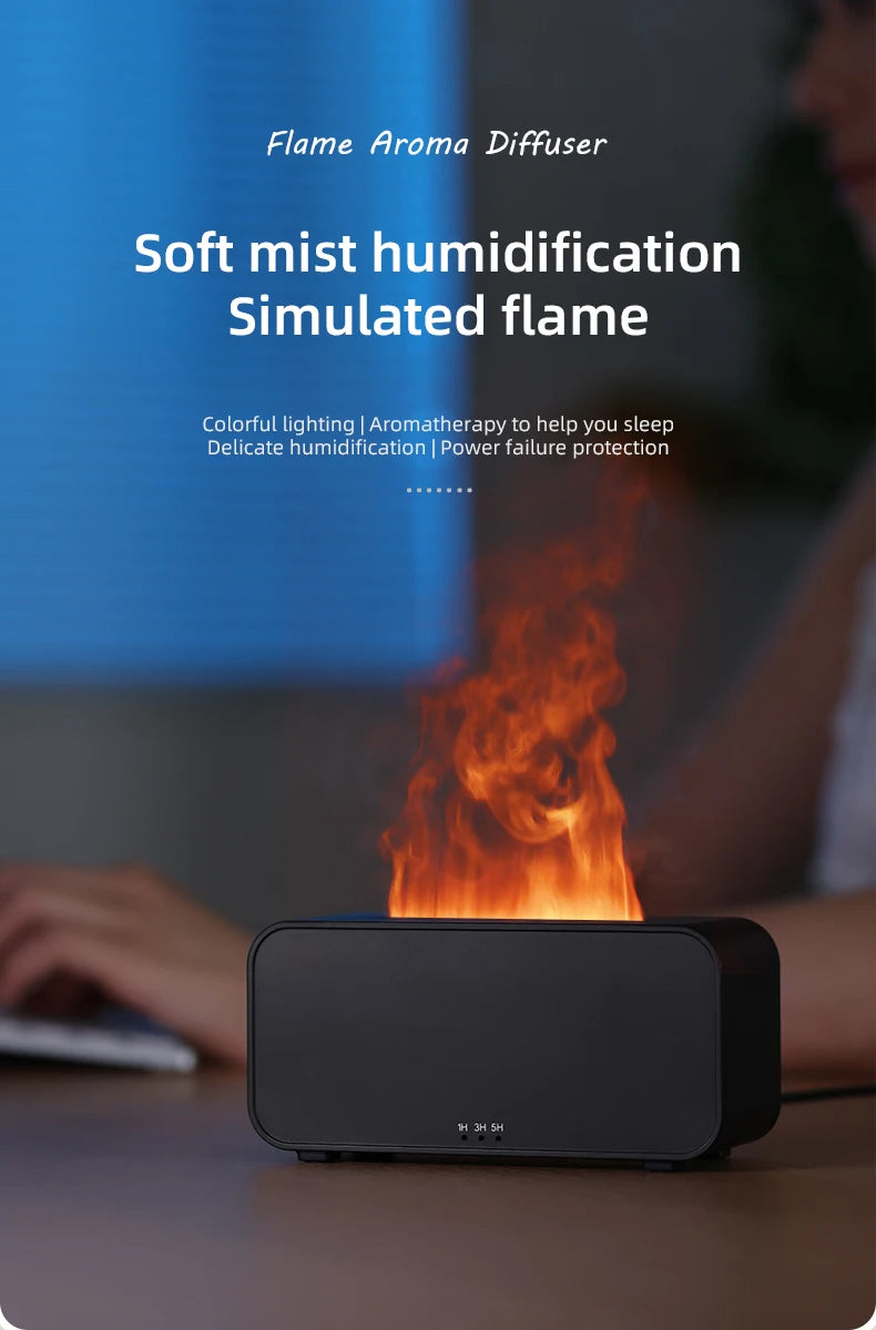 Difusor de Aromas com Efeito de Chama Colorida – Humidificador de Ar Ultrassónico com Temporizador e Aromaterapia